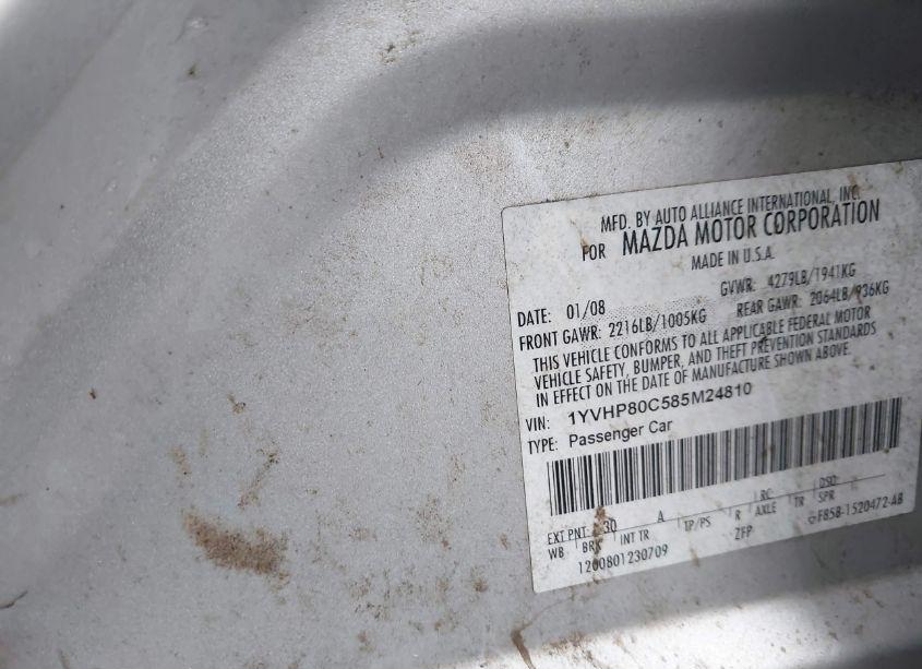 Photo 9 of 2008 Mazda Mazda6 I SPORT VE (VIN 1YVHP80C585M24810)