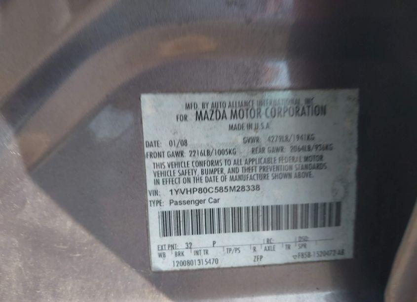 Photo 9 of 2008 Mazda Mazda6 I SPORT VE (VIN 1YVHP80C585M28338)