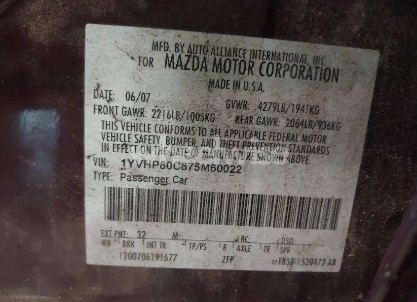 Photo 9 of 2007 Mazda Mazda6 I SPORT VE (VIN 1YVHP80C875M60022)