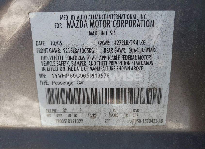 Photo 9 of 2006 Mazda Mazda6 I SPORT (VIN 1YVHP80C965M16576)