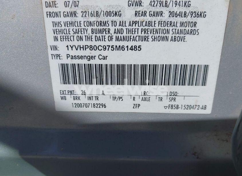 Photo 9 of 2007 Mazda Mazda6 I SPORT VE (VIN 1YVHP80C975M61485)