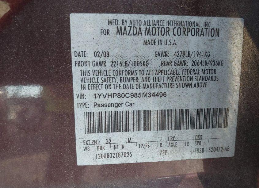 Photo 9 of 2008 Mazda Mazda6 I SPORT VE (VIN 1YVHP80C985M34496)