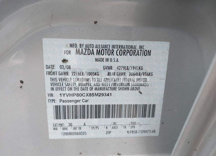 Photo 9 of 2008 Mazda Mazda6 I SPORT VE (VIN 1YVHP80CX85M29341)