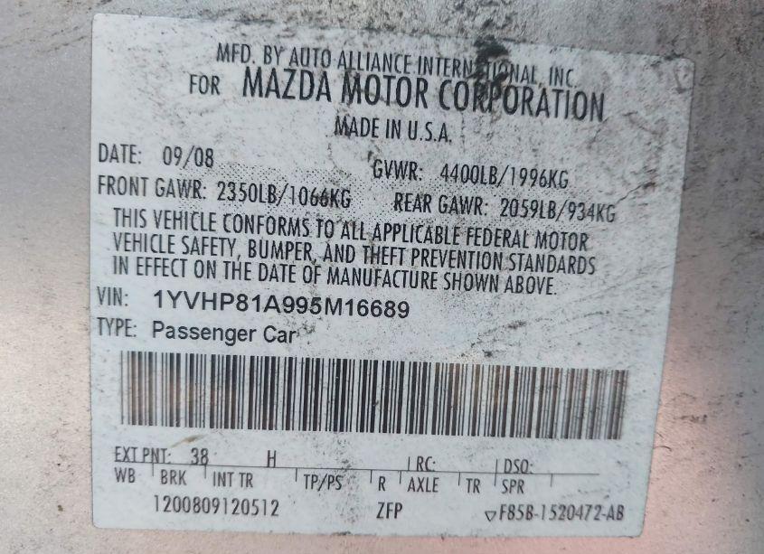 Photo 9 of 2009 Mazda Mazda6 I SPORT (VIN 1YVHP81A995M16689)