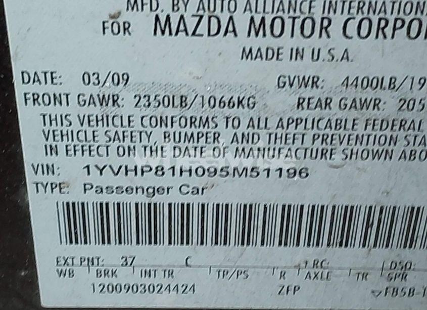Photo 9 of 2009 Mazda Mazda6 I SPORT (VIN 1YVHP81H095M51196)