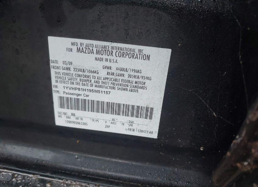Photo 9 of 2009 Mazda Mazda6 I SPORT (VIN 1YVHP81H195M51157)