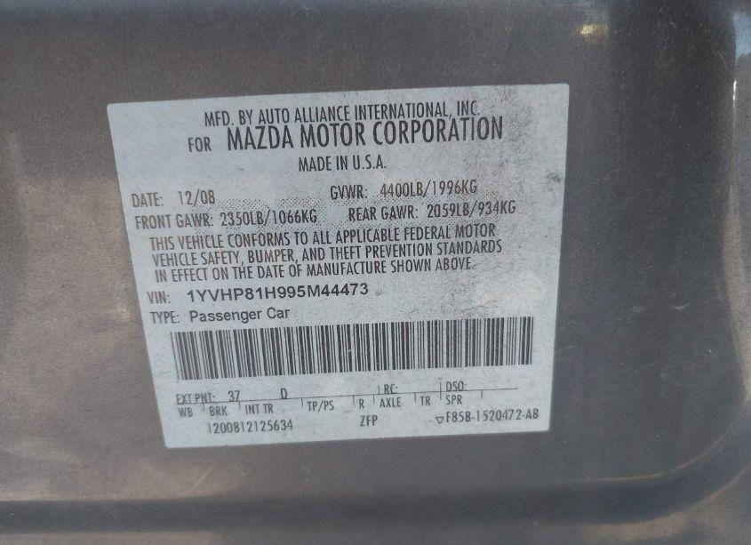 Photo 9 of 2009 Mazda Mazda6 I SPORT (VIN 1YVHP81H995M44473)