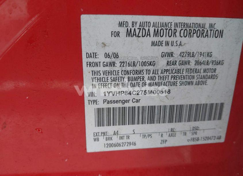 Photo 9 of 2007 Mazda Mazda6 I SPORT VE (VIN 1YVHP84C275M00618)