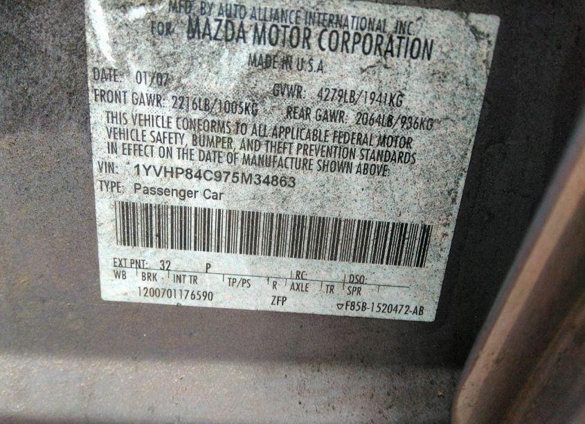 Photo 9 of 2007 Mazda Mazda6 I SPORT VE (VIN 1YVHP84C975M34863)