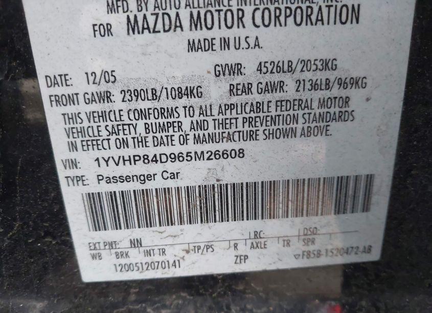 Photo 9 of 2006 Mazda Mazda6 SPORT S (VIN 1YVHP84D965M26608)