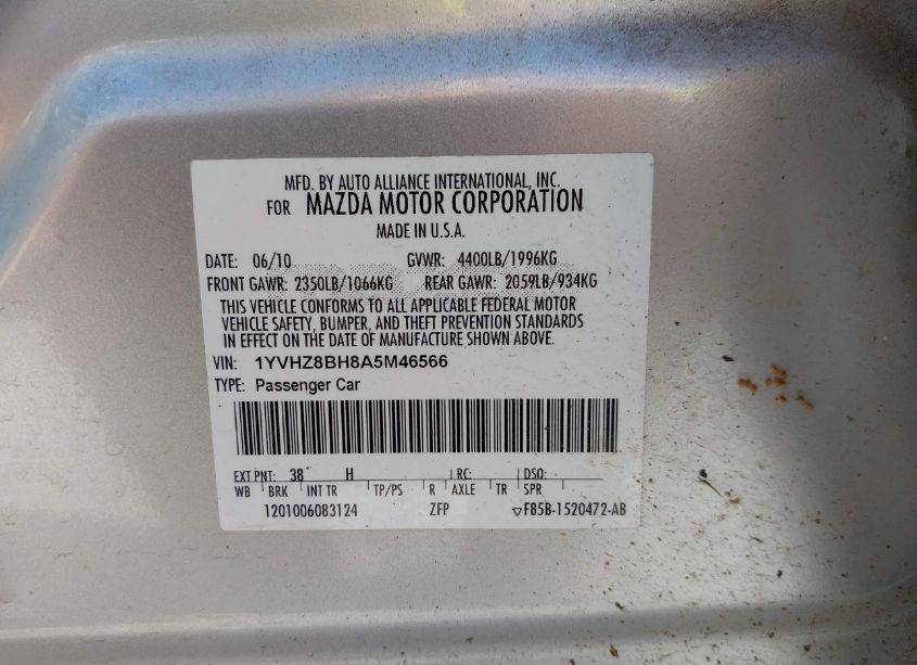 Photo 9 of 2010 Mazda Mazda6 I SPORT (VIN 1YVHZ8BH8A5M46566)