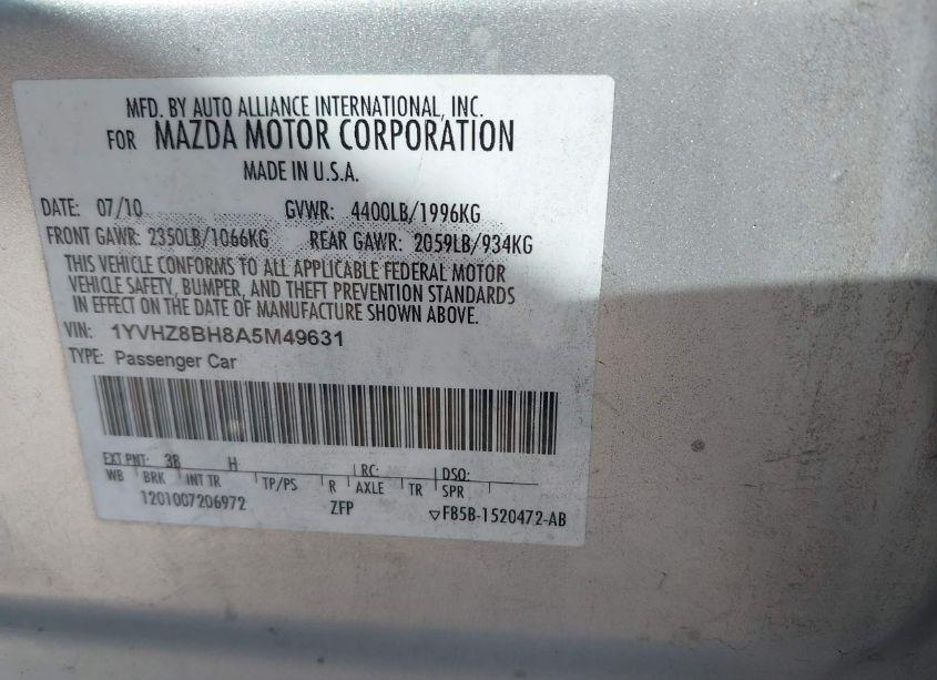 Photo 9 of 2010 Mazda Mazda6 I SPORT (VIN 1YVHZ8BH8A5M49631)