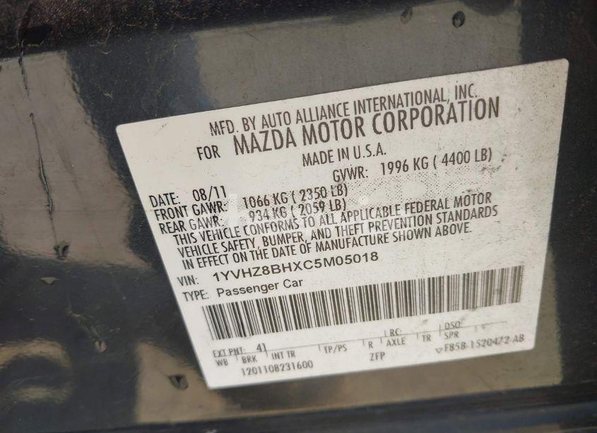 Photo 9 of 2012 Mazda Mazda6 (VIN 1YVHZ8BHXC5M05018)