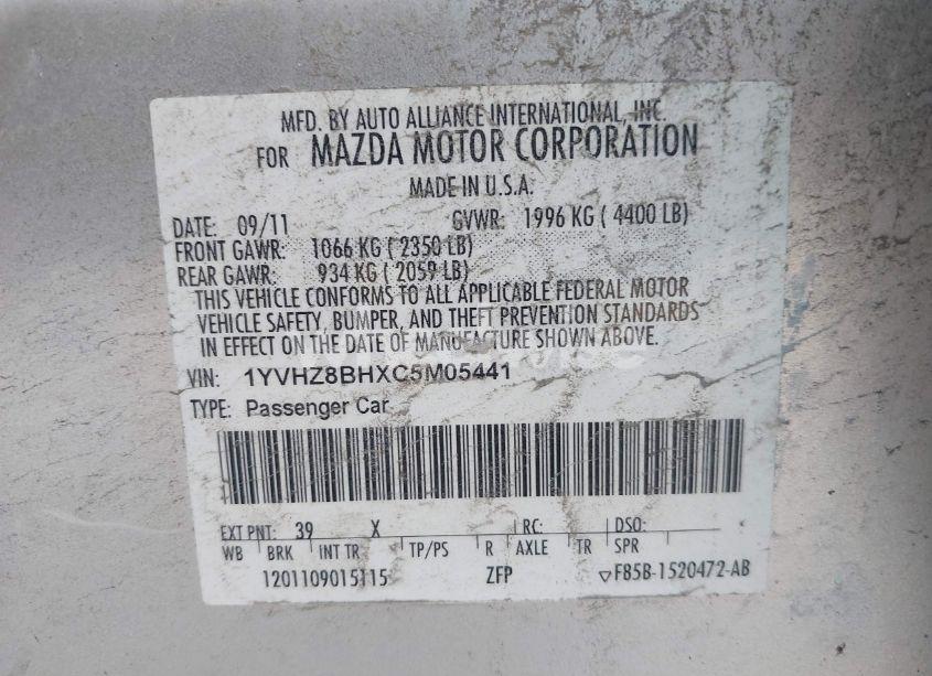 Photo 9 of 2012 Mazda Mazda6 I SPORT (VIN 1YVHZ8BHXC5M05441)