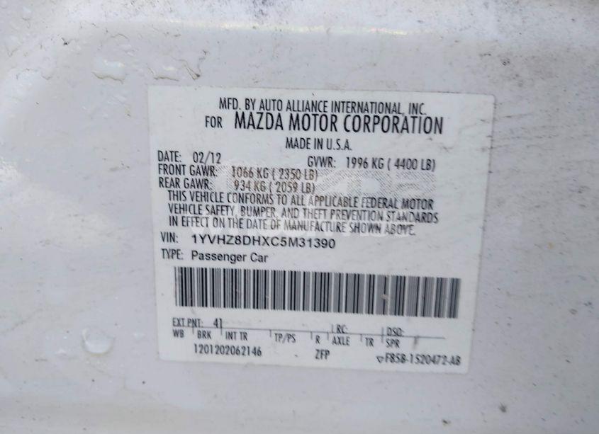 Photo 9 of 2012 Mazda Mazda6 (VIN 1YVHZ8DHXC5M31390)