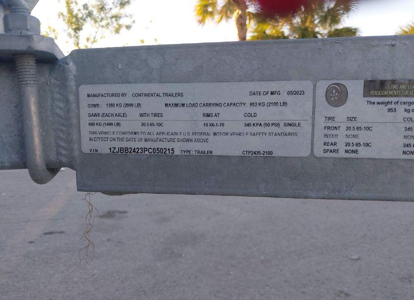 Photo 9 of 2023 Continental Boat TRAILER (VIN 1ZJBB2423PC050215)