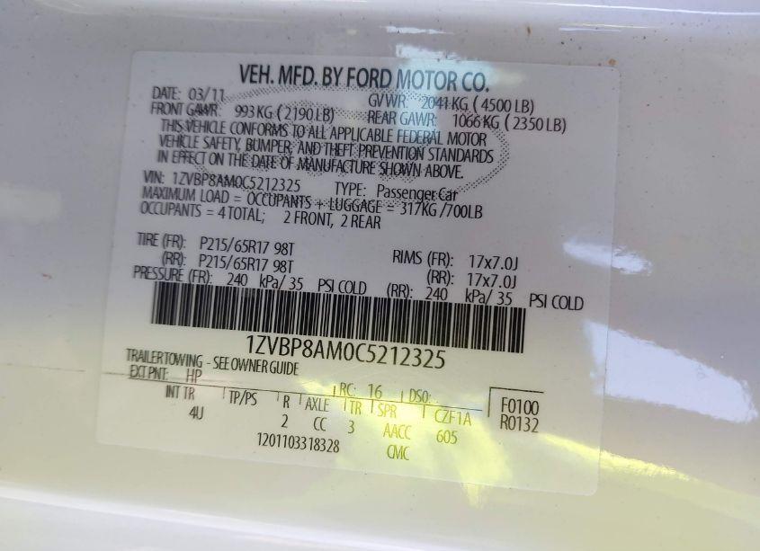 Photo 9 of 2012 Ford Mustang V6 PREMIUM (VIN 1ZVBP8AM0C5212325)