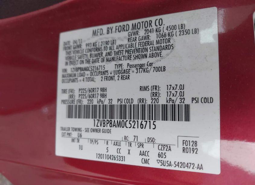 Photo 9 of 2012 Ford Mustang V6 (VIN 1ZVBP8AM0C5216715)