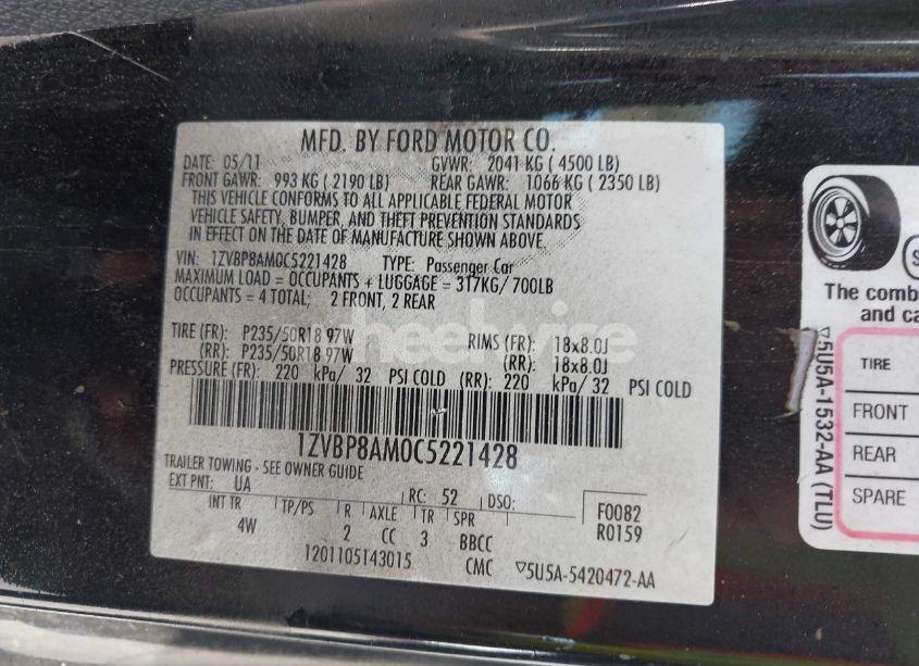 Photo 9 of 2012 Ford Mustang V6 PREMIUM (VIN 1ZVBP8AM0C5221428)