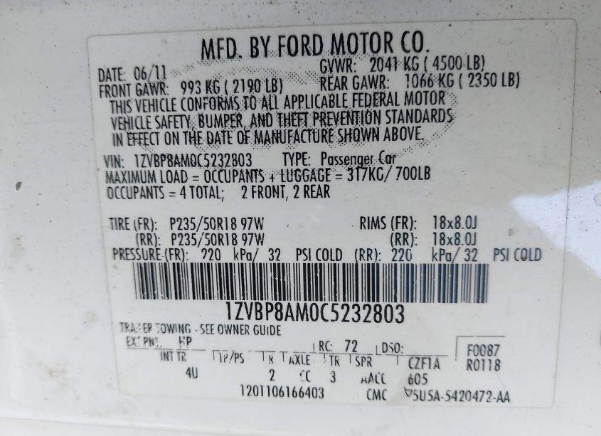 Photo 9 of 2012 Ford Mustang V6 PREMIUM (VIN 1ZVBP8AM0C5232803)