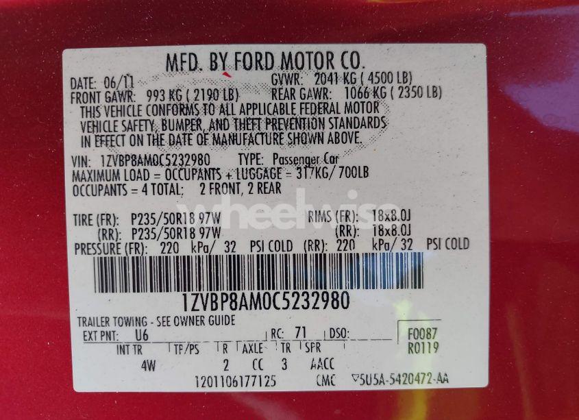 Photo 9 of 2012 Ford Mustang V6 PREMIUM (VIN 1ZVBP8AM0C5232980)