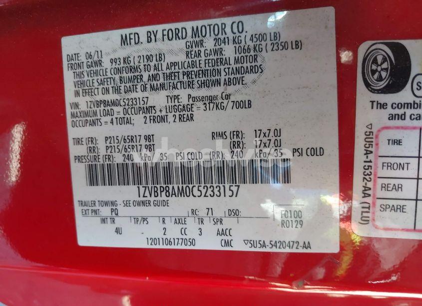 Photo 9 of 2012 Ford Mustang V6 PREMIUM (VIN 1ZVBP8AM0C5233157)