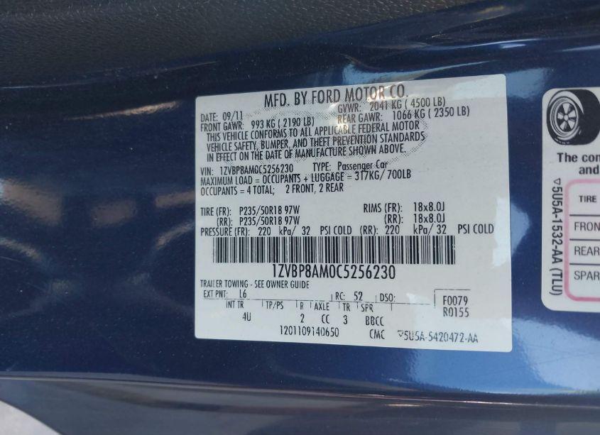 Photo 9 of 2012 Ford Mustang V6 PREMIUM (VIN 1ZVBP8AM0C5256230)