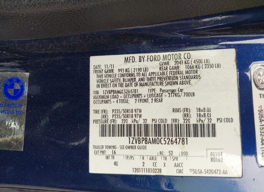 Photo 9 of 2012 Ford Mustang V6 PREMIUM (VIN 1ZVBP8AM0C5264781)