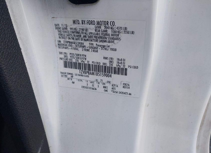 Photo 9 of 2011 Ford Mustang V6 PREMIUM (VIN 1ZVBP8AM1B5159004)