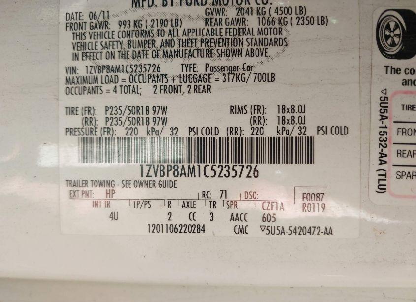 Photo 9 of 2012 Ford Mustang V6 PREMIUM (VIN 1ZVBP8AM1C5235726)