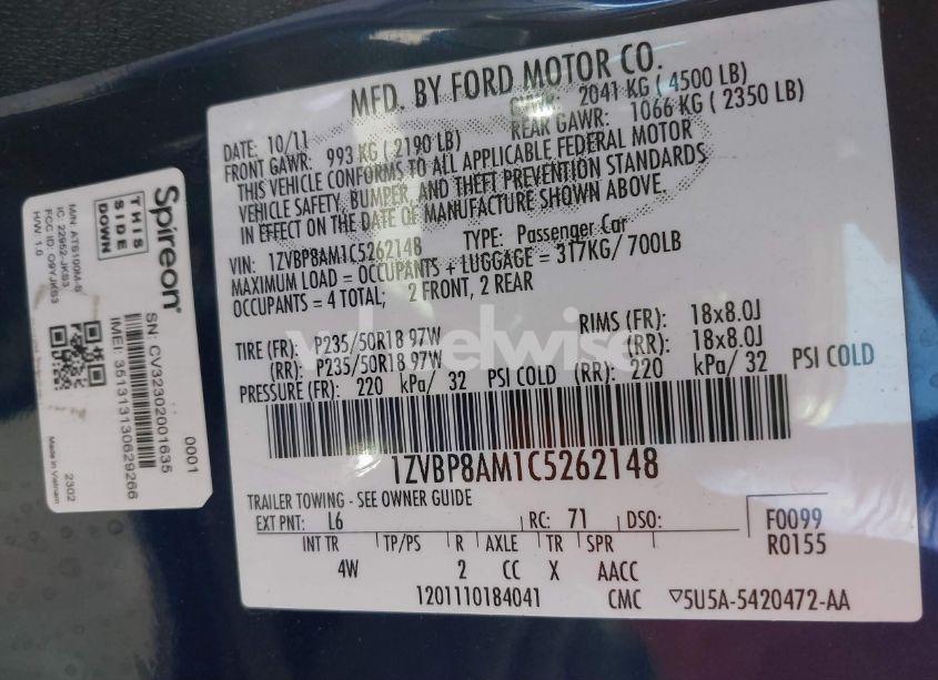 Photo 9 of 2012 Ford Mustang V6 PREMIUM (VIN 1ZVBP8AM1C5262148)