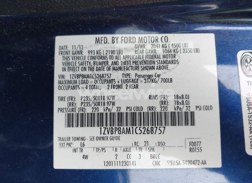 Photo 9 of 2012 Ford Mustang V6 PREMIUM (VIN 1ZVBP8AM1C5268757)