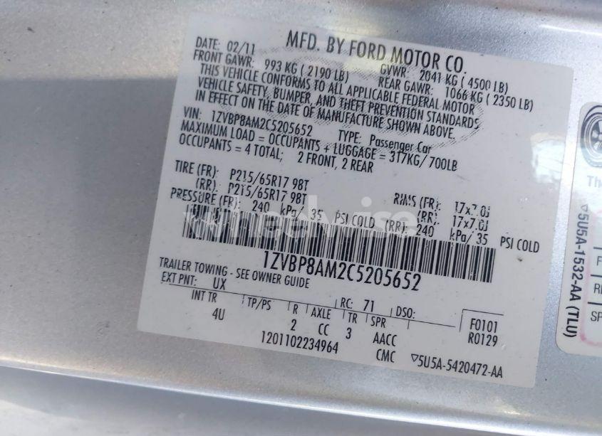 Photo 9 of 2012 Ford Mustang V6 PREMIUM (VIN 1ZVBP8AM2C5205652)