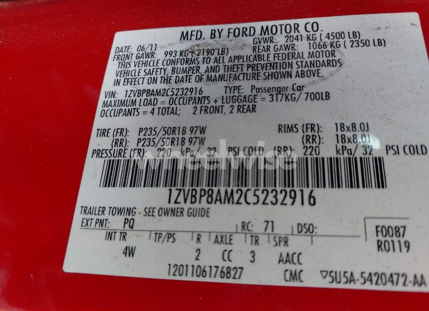 Photo 9 of 2012 Ford Mustang V6 PREMIUM (VIN 1ZVBP8AM2C5232916)