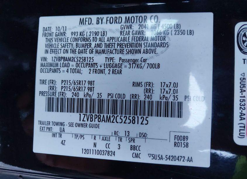 Photo 9 of 2012 Ford Mustang V6 PREMIUM (VIN 1ZVBP8AM2C5258125)