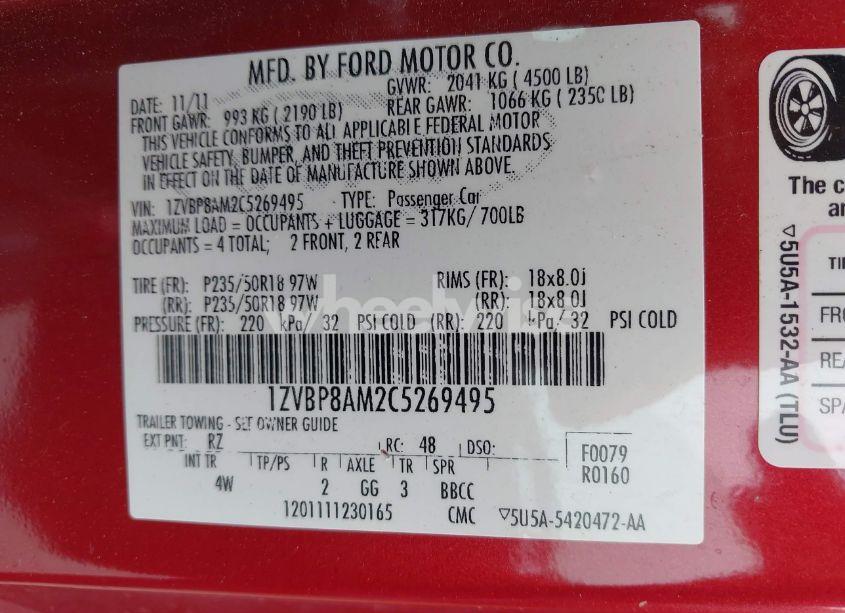 Photo 9 of 2012 Ford Mustang V6 PREMIUM (VIN 1ZVBP8AM2C5269495)