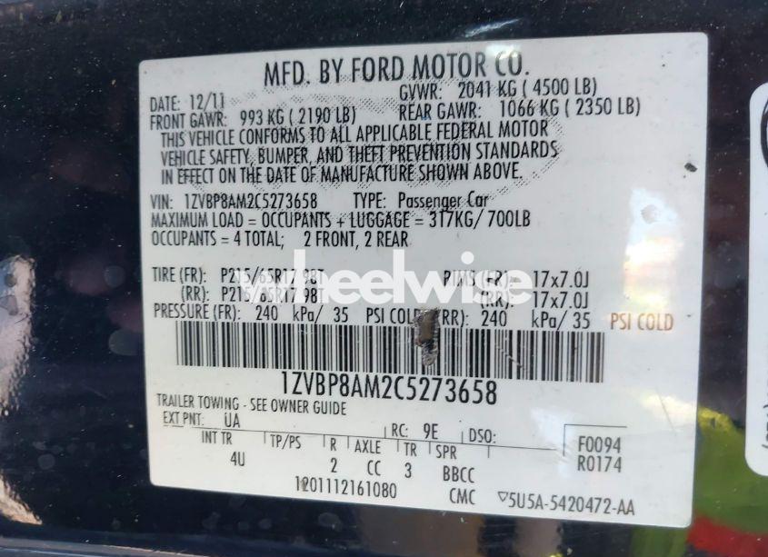 Photo 9 of 2012 Ford Mustang V6 PREMIUM (VIN 1ZVBP8AM2C5273658)