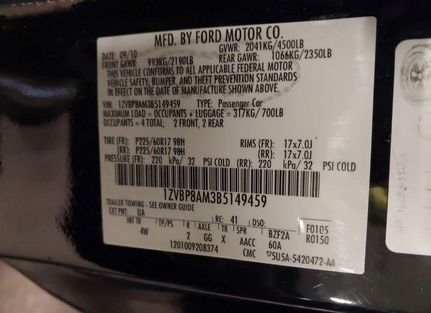 Photo 9 of 2011 Ford Mustang V6 PREMIUM (VIN 1ZVBP8AM3B5149459)