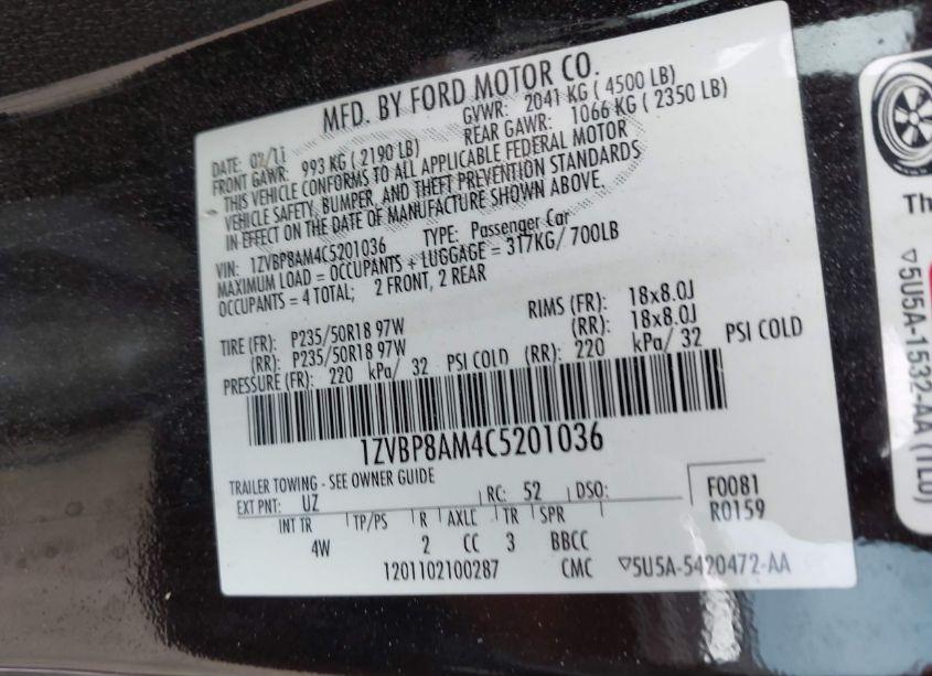 Photo 9 of 2012 Ford Mustang V6 PREMIUM (VIN 1ZVBP8AM4C5201036)