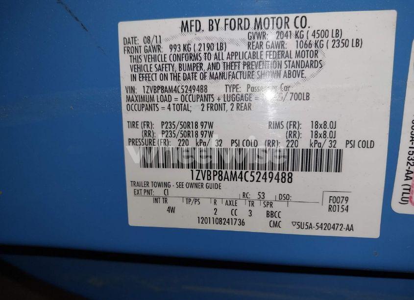 Photo 9 of 2012 Ford Mustang V6 PREMIUM (VIN 1ZVBP8AM4C5249488)