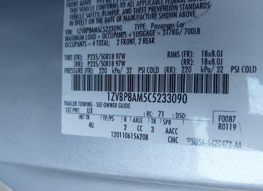 Photo 9 of 2012 Ford Mustang V6 PREMIUM (VIN 1ZVBP8AM5C5233090)