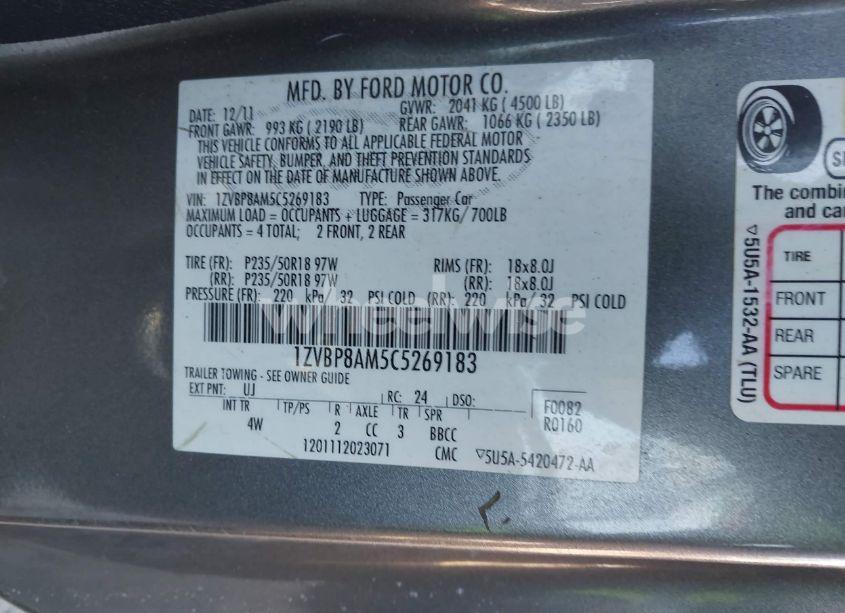 Photo 9 of 2012 Ford Mustang V6 PREMIUM (VIN 1ZVBP8AM5C5269183)