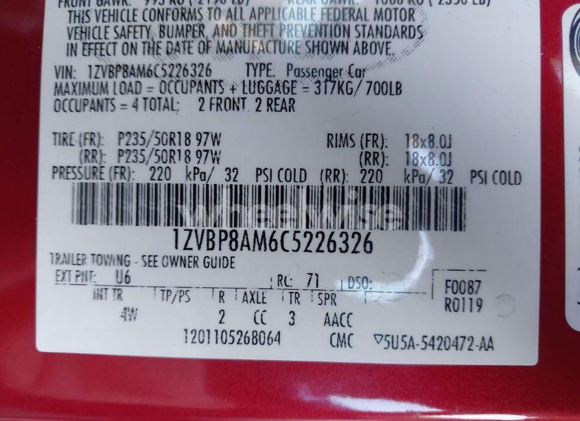 Photo 9 of 2012 Ford Mustang V6 PREMIUM (VIN 1ZVBP8AM6C5226326)