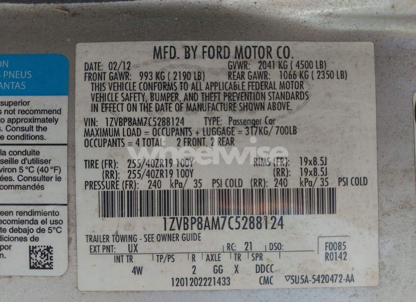 Photo 9 of 2012 Ford Mustang V6 PREMIUM (VIN 1ZVBP8AM7C5288124)