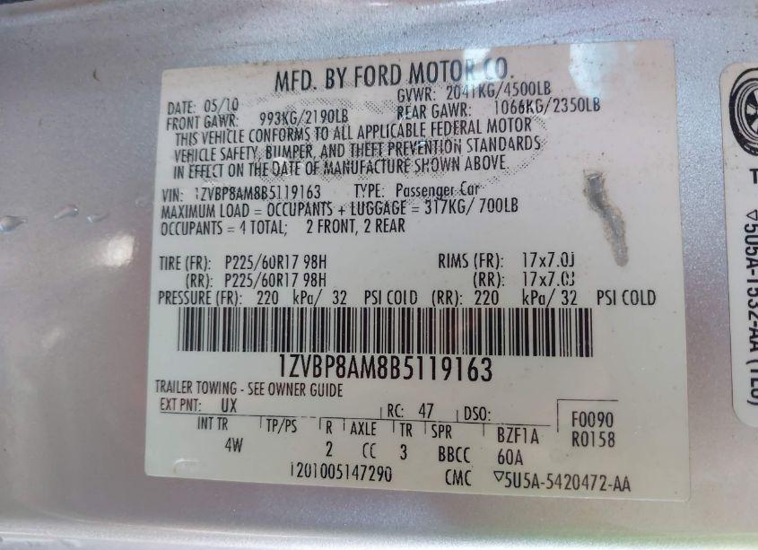 Photo 9 of 2011 Ford Mustang V6 PREMIUM (VIN 1ZVBP8AM8B5119163)