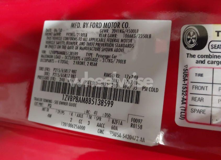 Photo 9 of 2011 Ford Mustang V6 PREMIUM (VIN 1ZVBP8AM8B5138599)