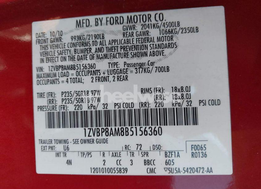 Photo 9 of 2011 Ford Mustang V6 PREMIUM (VIN 1ZVBP8AM8B5156360)