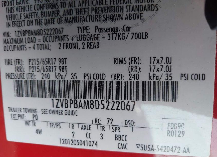 Photo 9 of 2013 Ford Mustang V6 PREMIUM (VIN 1ZVBP8AM8D5222067)