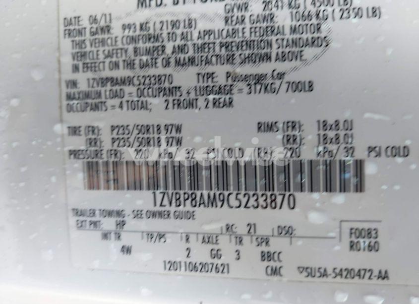 Photo 9 of 2012 Ford Mustang V6 PREMIUM (VIN 1ZVBP8AM9C5233870)