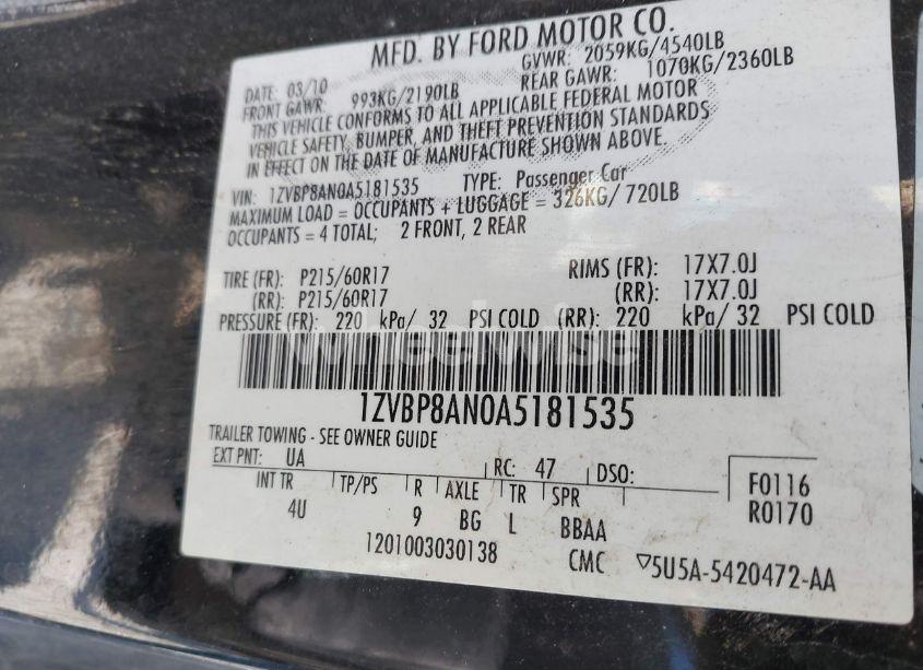 Photo 9 of 2010 Ford Mustang V6/V6 PREMIUM (VIN 1ZVBP8AN0A5181535)